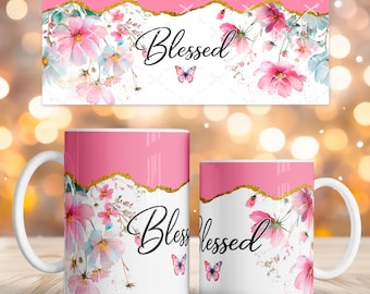 Design de sublimação para caneca abençoada, adesivo floral cristão para caneca em PNG, modelo inspirador para caneca de café de 325ml e 445ml para download digital.