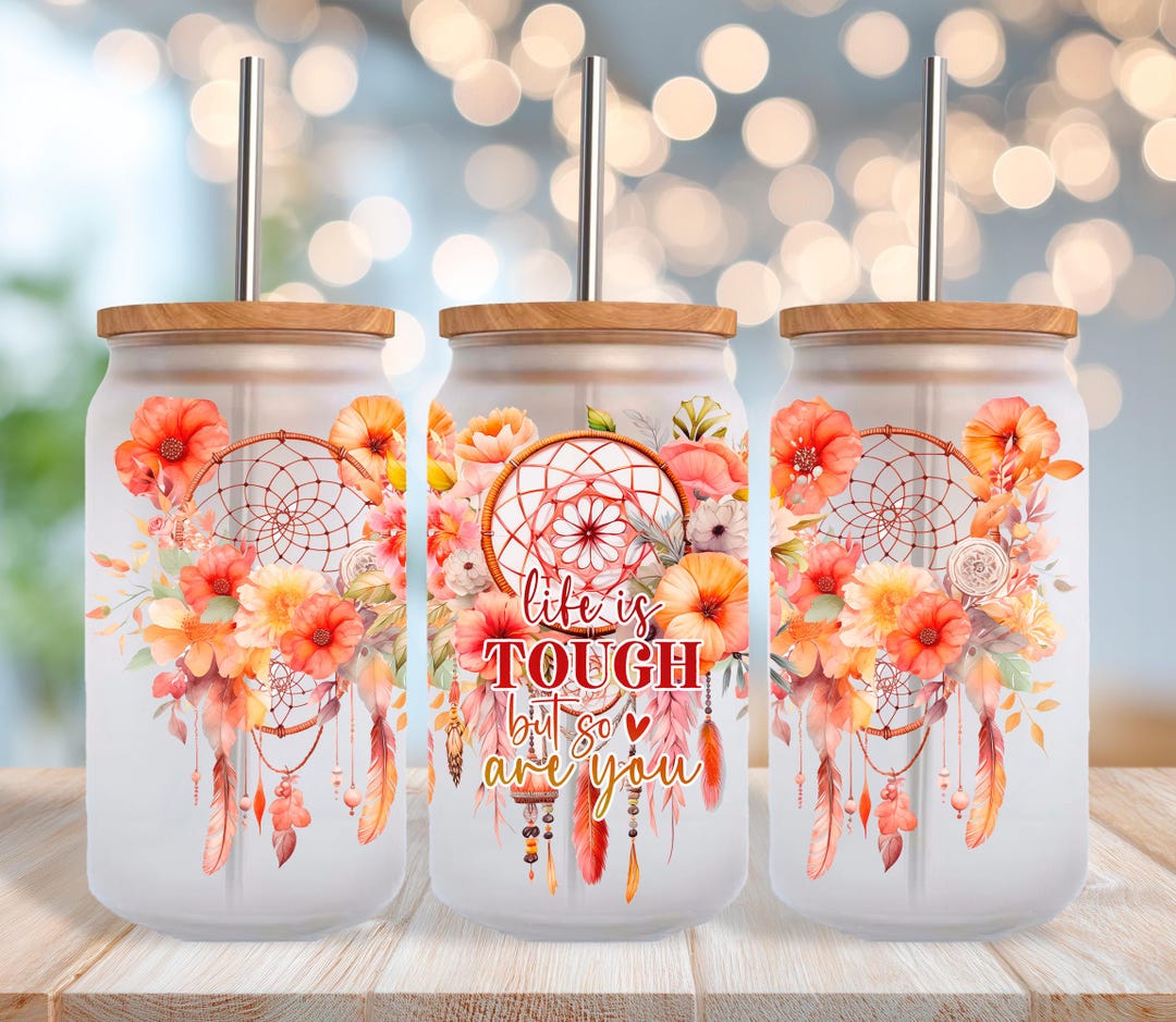 Boho Floral Glass Can Wrap 16oz, Dreamcatcher Sublimation Design PNG ...