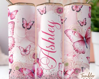 Butterfly 20 oz skinny tumbler sublimation design, Add Your Own Name Tumbler Wrap, Straight PNG, Kids Sublimation Tumbler Digital Download