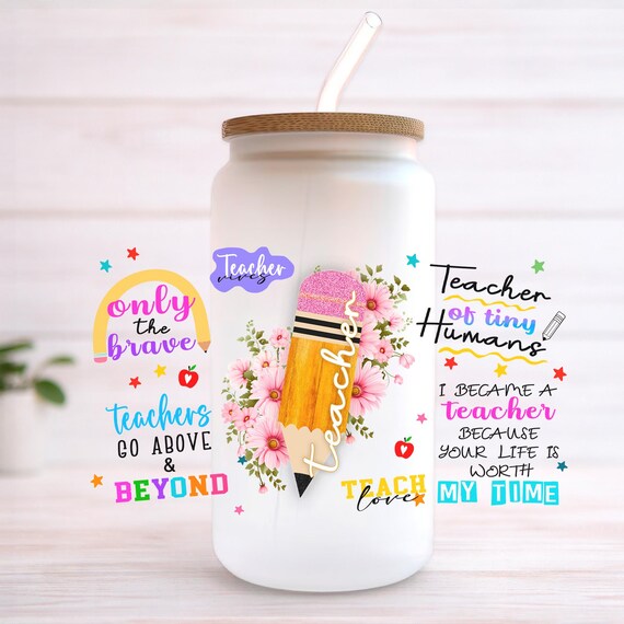 Teacher Tumbler Wrap PNG, Teacher Gift Glass Can Wrap 16oz Libbey, Teacher Appreciation Cup Design, Cute Pencil Teacher Sublimation