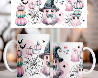 May include: White ceramic mug featuring a Halloween-themed design. The design includes stacked pumpkins, bats, spiderwebs, and cute ghost characters wearing witch hats. The color palette is primarily pink, teal, and black, creating a whimsical and festive look.