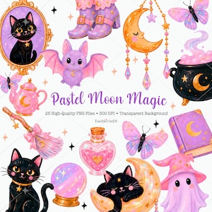 Puede incluir: Un conjunto de ilustraciones digitales titulado Pastel Moon Magic que incluye gatos negros, botas moradas, un móvil de luna, mariposas, una tetera rosa, una escoba, una botella en forma de corazón, una bola de cristal, un libro y un fantasma.