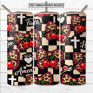 Faith Leopard Bow 20oz Skinny Tumbler Wrap, Cherry Christian Sublimation Design PNG, Trendy Women Digital Download
