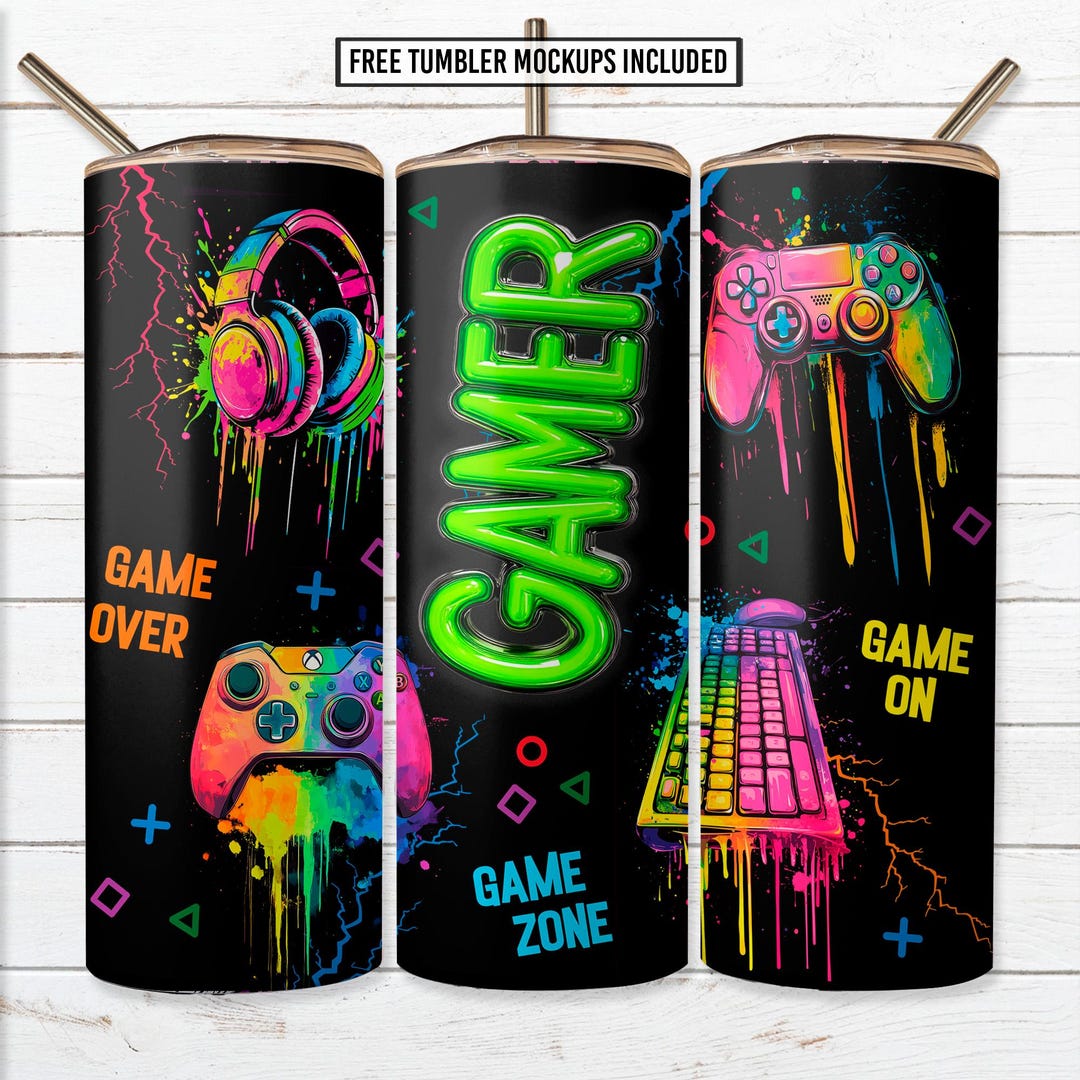 Gamer 20 Oz Skinny Tumbler Sublimation Design, Neon Video Game ...