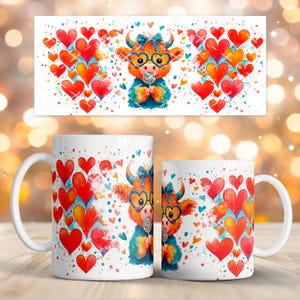 May include: White ceramic mugs with a Valentine's Day theme. The mugs feature a watercolor design of a cow wearing heart-shaped glasses and holding a lollipop, surrounded by red and orange hearts. A matching banner is above the mugs.