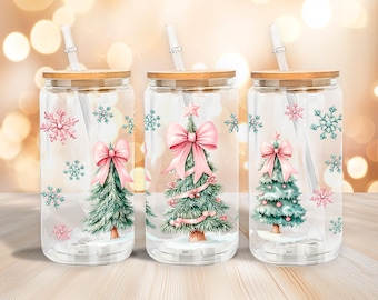 Christmas tree 16 oz glass can design, Coquette Christmas PNG file design, Digital download, Gifts for Christmas, holiday wrap