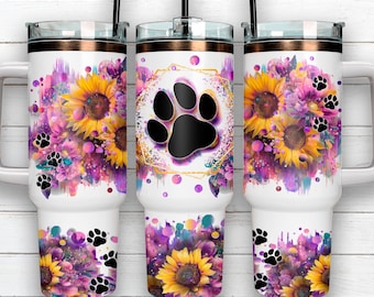Zonnebloempootprint Tumbler Wrap, 40oz Quencher Sublimatie PN, | Kleurrijk ontwerp voor een beker met dierenliefhebbers, Bloemencadeau voor een hondmoeder, Digitale download