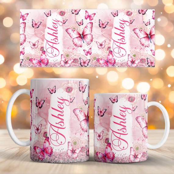 Custom name Pink Butterfly Mug Wrap 11oz 15oz, Personalized Name Sublimation PNG, Watercolor Flowers & Glitter, Seamless Digital Download