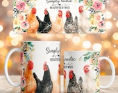 Simply Rustic Chicken Mug Sublimation Design, Farmhouse Floral Hens 11oz 15oz Coffee Cup Wrap PNG Digital Download