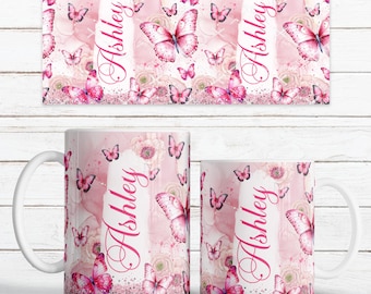 Custom name Pink Butterfly Mug Wrap 11oz 15oz, Personalized Name Sublimation PNG, Watercolor Flowers & Glitter, Seamless Digital Download