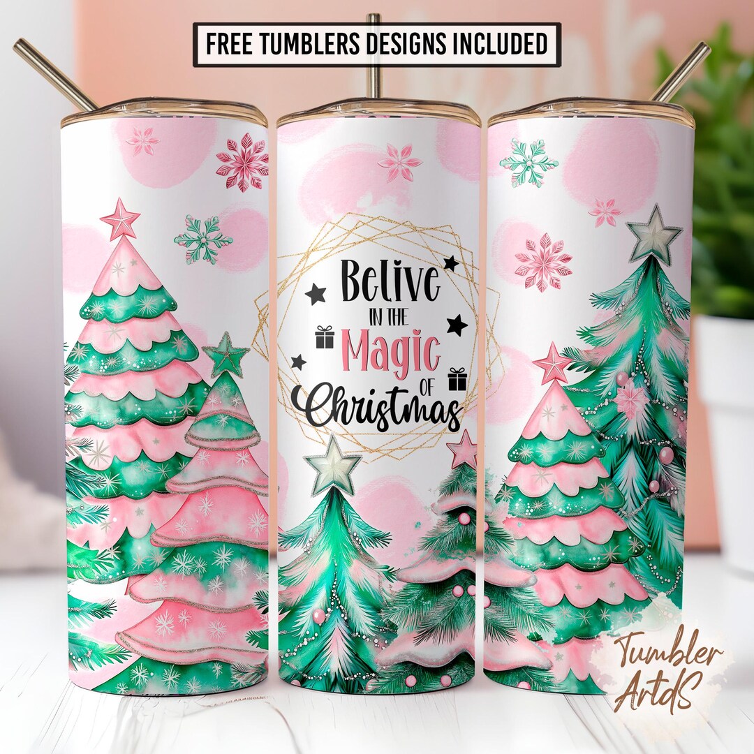 Magic Christmas 20 Oz Skinny Tumbler Sublimation Design, Pink Christmas ...