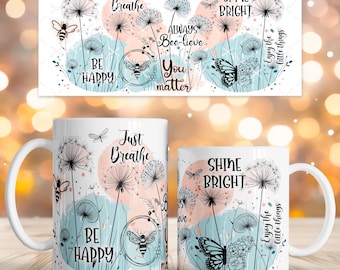 Positive Affirmations mug sublimation design, Boho floral mug 11oz 15oz coffee cup template Wrap PNG Digital download