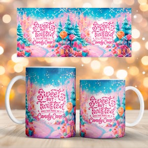 May include: Two white ceramic mugs with a colorful winter wonderland design. The design includes a castle, trees, and candy, with the text "Sweet but Twisted, does that make me a Candy Cane?"