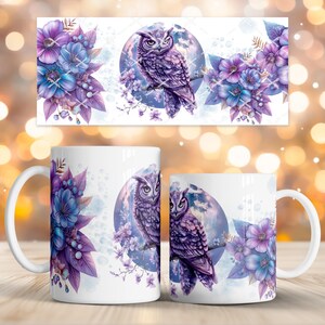 May include: White ceramic coffee mugs with a purple owl design. The owl is perched on a branch in front of a full moon. The mugs also feature floral arrangements in shades of purple and blue.