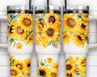 Sublimatieontwerp voor een Quencher-beker van 1,2 liter met zonnebloemen, landelijke bloemenbedding PNG, digitale Quencher-wrap, beker met waterglijbaan.