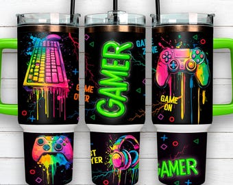 Gamer 40 oz Quencher tumbler sublimation design, Neon video game controller Quencher Tumbler Wrap PNG Files Digital Download