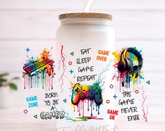 Gamer Tumbler Wrap PNG, Gaming Glass Can Wrap 16oz Libbey, Eat Sleep Game Repeat Cup Wrap, Neon Gamer Sublimation Design
