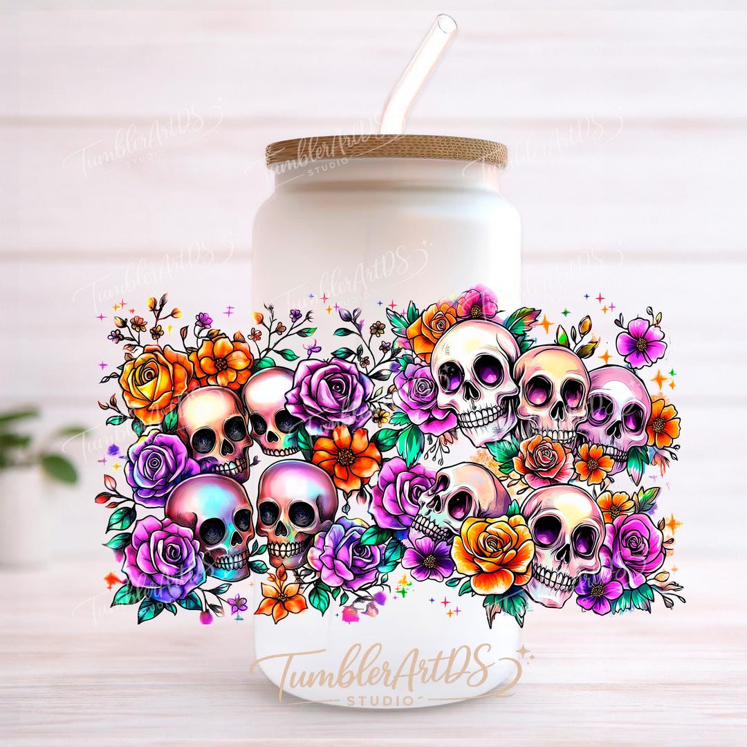Halloween Skull Glass Can Wrap PNG, Floral 16oz Libbey Cup Sublimation ...