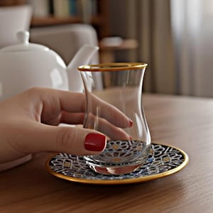 Turkish Tea Glasses Set: Geometric Islamic Art, Gold Rim - 12 Piece