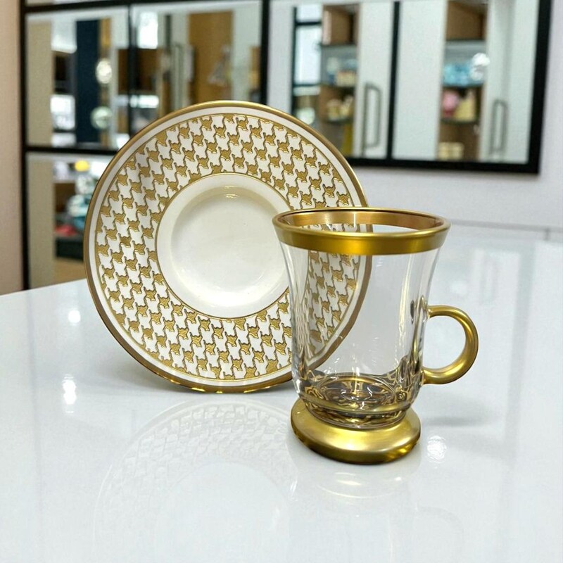 Turkish Luxury 7 Piece Irem Tea Cup Set with Rectangular Tray 95-713 Gold main image 1