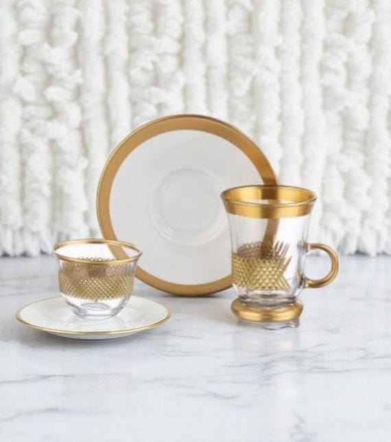 Luxury 12 or 18 Piece Gold Rimmed Porcelain Plate and Glass Tea