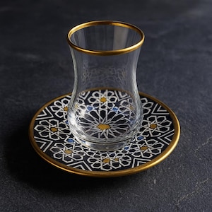 Turkish Tea Glasses Set of 6, Geometric Pattern Saucers, Gold Rimmed Tea Cups, Islamic Art Design Espresso Cup, 12 Pcs Housewarming Gift