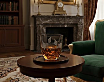 Hand-Etched Leaf Whiskey Glass: Artisan Home Bar Tumbler
