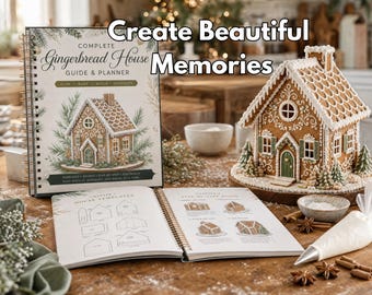 Può includere: Un libro a spirale Complete Gingerbread House Guide & Planner con un'illustrazione di una casa di pan di zenzero in copertina, un libro aperto con modelli e guide passo dopo passo, e un modello fisico di casa di pan di zenzero.
