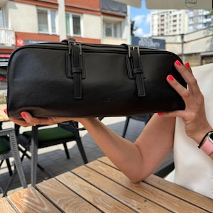 Black Leather Baguette Bag: Minimalist Shoulder Purse