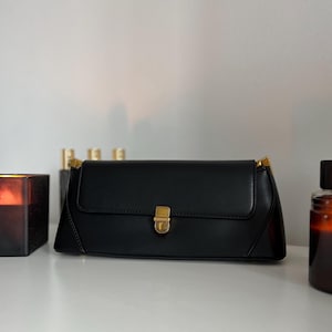 Black Vegan Leather Shoulder Bag – Elegant Minimalist Purse with Gold Clasp by NIKOLE