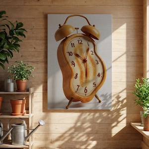 Puede incluir: Una impresión artística de estilo surrealista que presenta un reloj despertador derritiéndose. La esfera del reloj tiene una textura similar a la del pan con un centro rojo, y los números son visibles. El reloj es de color dorado cálido, con un fondo de lienzo.