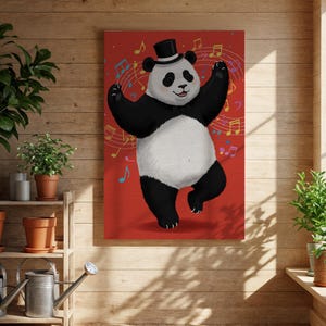 May include: A canvas print featuring a dancing panda bear wearing a top hat. The panda is black and white with a red background and musical notes. The panda is dancing with its arms raised.