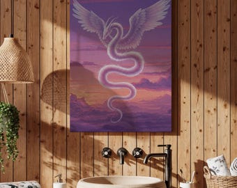 Lienzo decorativo de serpiente alada de fantasía con cielo morado al atardecer, obra de arte de criatura mítica inspirada en un dragón místico para dormitorio y decoración del hogar.