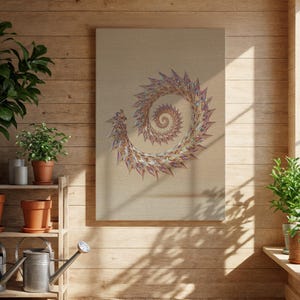 Op de afbeelding: Een canvas kunstafdruk met een spiraalontwerp in goud, paars en blauw. Het kunstwerk is geplaatst tegen een beige achtergrond en ingelijst in een houten frame. Het kunstwerk wordt tentoongesteld op een houten muur.