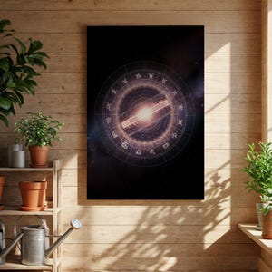 May include: A framed canvas print featuring a cosmic design with a central, glowing galaxy. The artwork includes a circular zodiac symbol arrangement with astrological signs in a dark space background. The print is displayed in a room with wooden paneling and potted plants.