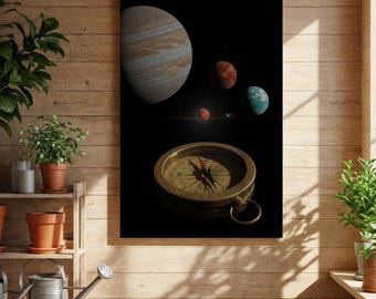 Kosmisch kompas planetair canvas kunst aan de muur, op astronomie geïnspireerde ruimteprint, poster Galaxy-navigatie, hemelse decor, ontdekkingsreiziger cadeau