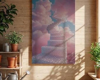 Impressão em tela com arte de escadaria em nuvens, escadaria em tons pastel de rosa e azul, decoração espiritual celestial, tecido de 220 g/m² (tamanhos)