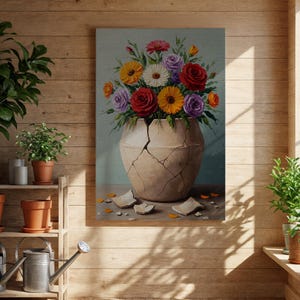 Cuadro de jarrón roto con flores – Decoración floral simbólica para la pared, vibrante arreglo floral en maceta rota, acento artístico para el hogar.