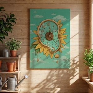 Puede incluir: Impresión en lienzo con un diseño de reloj surrealista. El reloj se derrite, rodeado de un girasol, sobre un fondo azul cielo con nubes. El reloj tiene un marco dorado y los números son visibles.