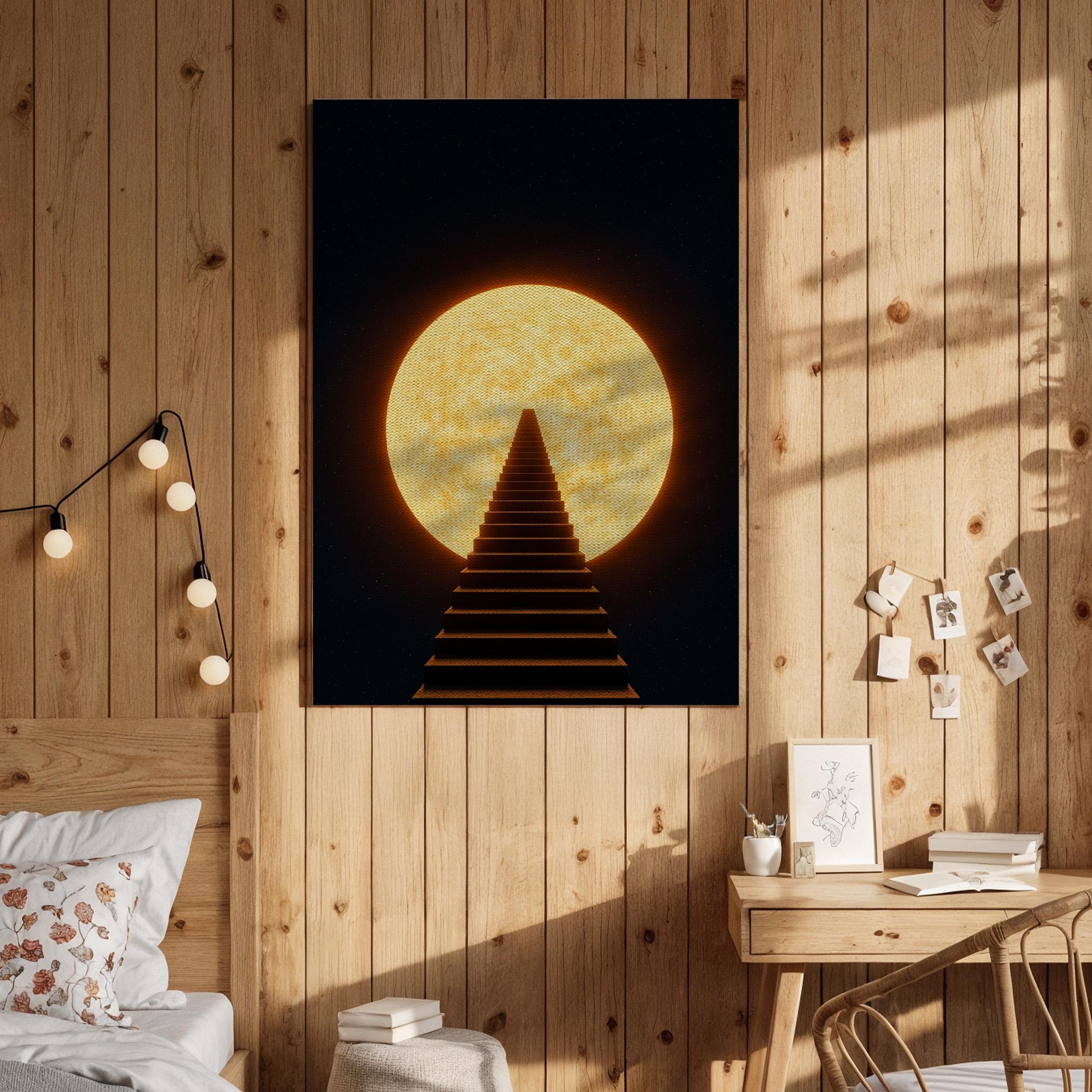 月への黄金の階段 キャンバスウォールアート、シュールな宇宙の階段