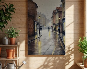 Rainy Street Canvas Print  Cityscape Wall Art, Umbrella Rainy Day Print, Urban Decor for Home or Office, A Soothing Rainy Street Scene