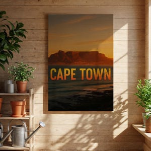 May include: Canvas print featuring a scenic view of Cape Town at sunset. The image displays a mountain range, ocean, and the text "CAPE TOWN" in orange and yellow hues. The artwork is displayed on a wooden wall.