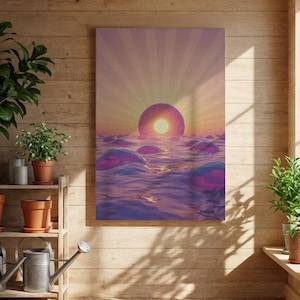 Abstract Geometric Sunset Canvas Wall Art  Surreal Imaginative Orb Decor, Futuristic Purple Ocean Dreamscape, Contemporary Canvas