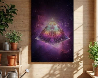 Cosmic Sacred Pyramid Canvas Wall Art, Mystical Geometry Print, Spiritual Universe Poster, Esoteric Energy Decor, Meditation Gift
