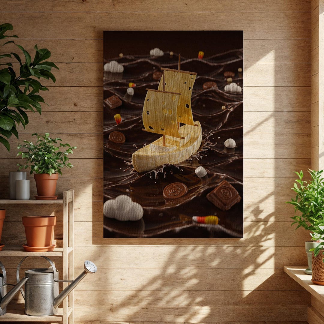 Cheese Ship Chocolate Sea Canvas Wall Art, Surreal Fantasy Food Artwork ...