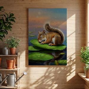 Op de afbeelding: Een canvas print toont een slapend eekhoorntje op een waterlelieblad. Het eekhoorntje heeft bruine vacht en een pluizige staart. De waterleliebladeren zijn groen en de achtergrond toont een zonsondergang boven water.