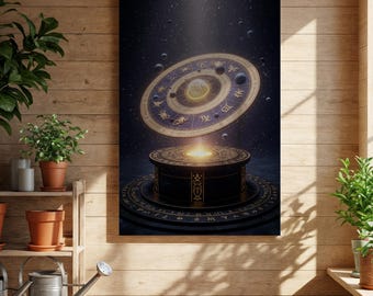 Himmlische Sternzeichen Rad kosmische Astrologie Wandkunst, mystische Horoskop Leinwand, surreale Planetenkarte Druck, spiritueller Sternendekor
