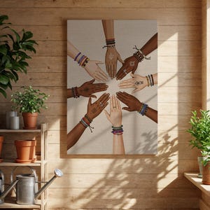 May include: A canvas print depicting a circle of hands with various skin tones, embellished with rings and bracelets. The hands are arranged in a circular formation, with palms touching. The artwork has a neutral backdrop and a warm, inviting aesthetic.