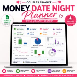 Pode incluir: Um modelo digital do Google Sheets para um planejador financeiro de casais, exibido na tela de um laptop. O painel apresenta métricas financeiras, gráficos de barras, gráficos de pizza e gráficos de linhas para rastrear metas e gastos.