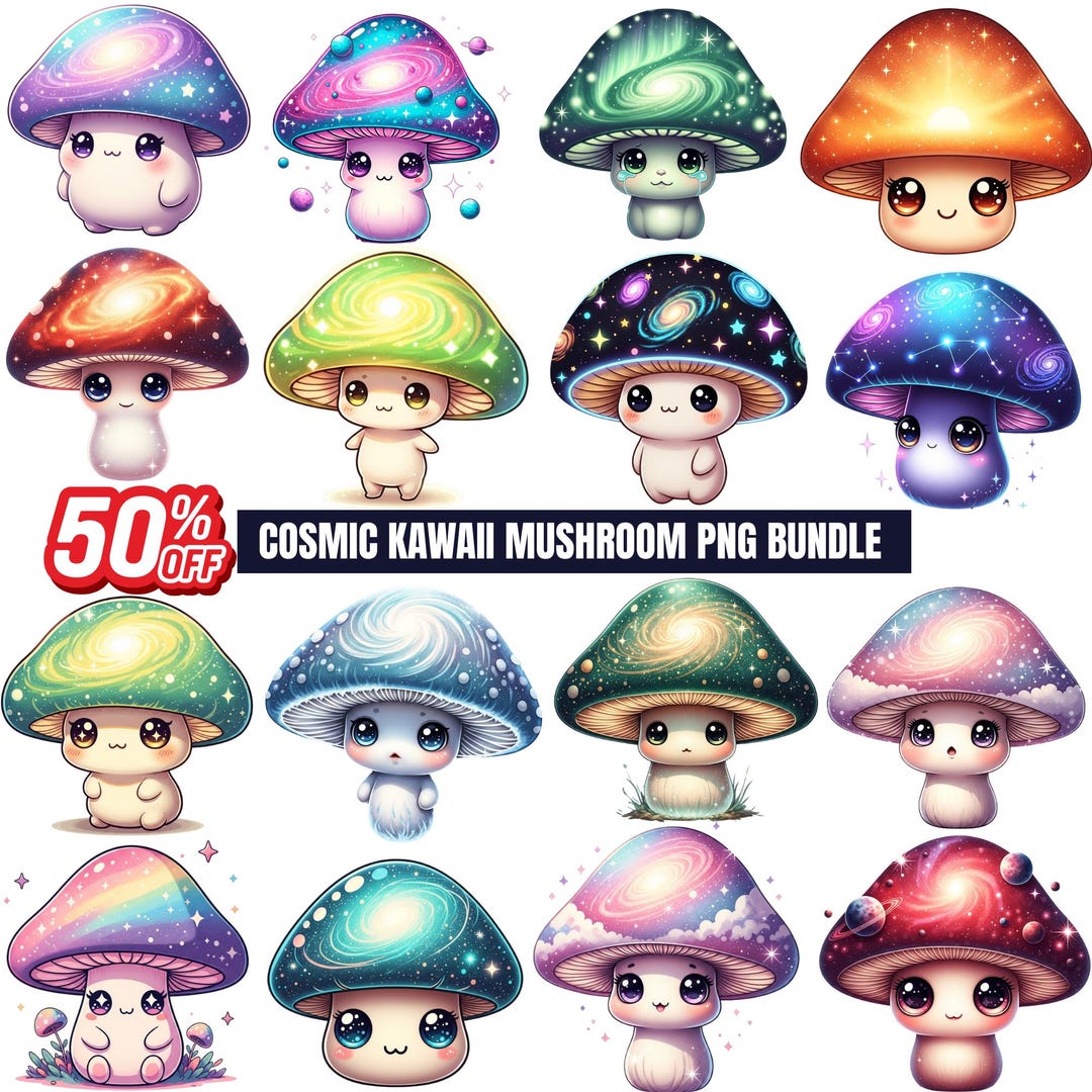 Cosmic Kawaii Mushroom PNG Bundle – 30 Cute Galaxy Clipart Designs With ...